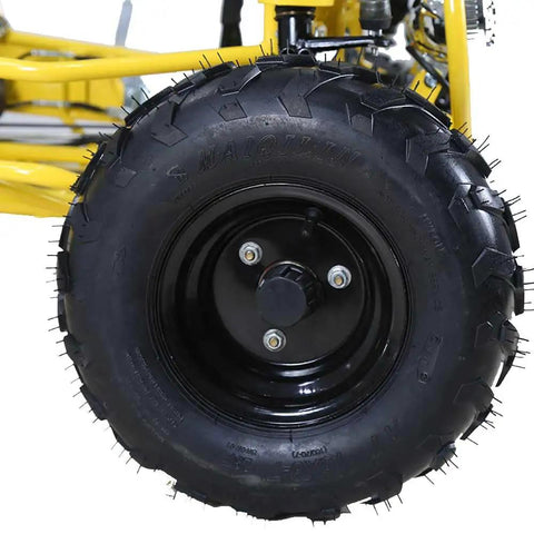 Close-up of the rear tire of Gokart GK110 125cc Gas Powered Auto With Reverse Two Seater For Kids And Teens Black Durable Family Ride On