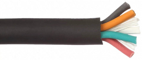 Close-up of Kickin Heavy Duty 12AWG Five Conductors SOOW Portable Power Cable 600Volt Black 100Foot, showing inner wires.