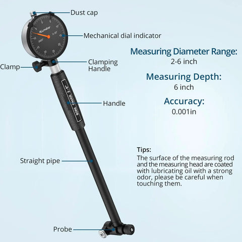 Pro Grade Dial Bore Gauge 2 To 6 Inch Kit With 0.001 Inch Accuracy And 0.25 Inch Dial Indicator, labeled diagram