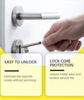 Hand using graphite lock lubricant on key in door for smooth operation. Product: Two Pack Graphite Lock Lubricant With Pencil Shaped Applicator, 8 Gram Graphite Powder For Keyholes Tongues Padlocks U Locks And Keys, Hassle Free Mess Free Precision Lubrication For Smooth Lock Operation.