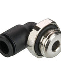 Rock Solid Glass Reinforced Nylon 6.6 Composite Push To Connect Elbow For 12 Mm Tube To Quarter Inch BSP Pipe With Stainless Steel Grab Ring And Nitrile Seals Pack Of 20. Close up of elbow fitting.