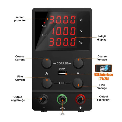Adjustable DC Benchtop Power Supply 30V 5A 150W With Overvoltage Overcurrent Short Circuit And Overheat Protection Low Ripple Output Built Tough For Safer Lab Use, front display