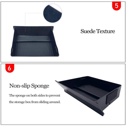Tesla Model S And X Center Console Cubby Drawer Organizer Storage Box Drop-In with suede texture and non-slip sponge.
