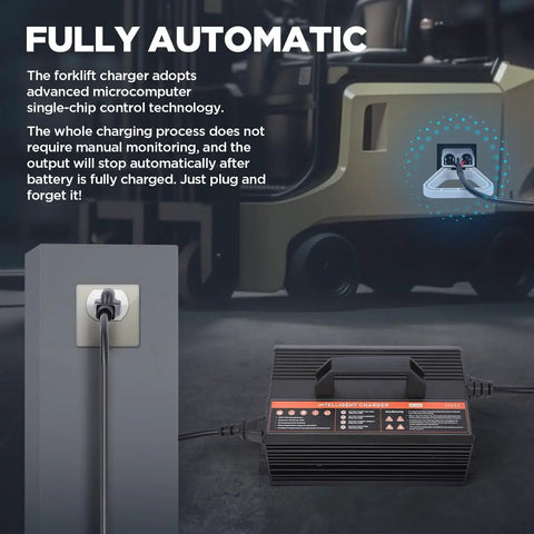 24V 20A Smart Forklift Battery Charger With LCD Display For Auto Pallet Jacks connected to wall socket for fast charging.