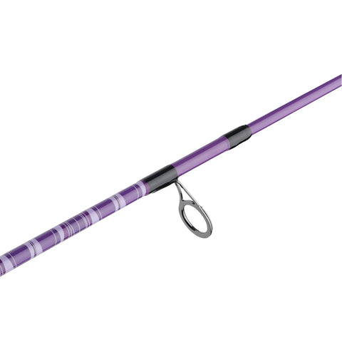 Close-up of Jellyfish Spinning Reel And Fishing Rod Combo in Purple 5 Foot 6 Inch Medium Two Piece Glass Rod section with guide