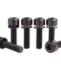 Six black titanium hex bolts with washers and chamfered heads for bicycle stems.