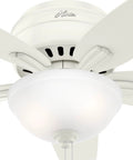 Close-up of 42 Inch Indoor Ceiling Fan With LED Light Fresh White Finish Low Profile Hugger Mount showing 5 blades and pull chain