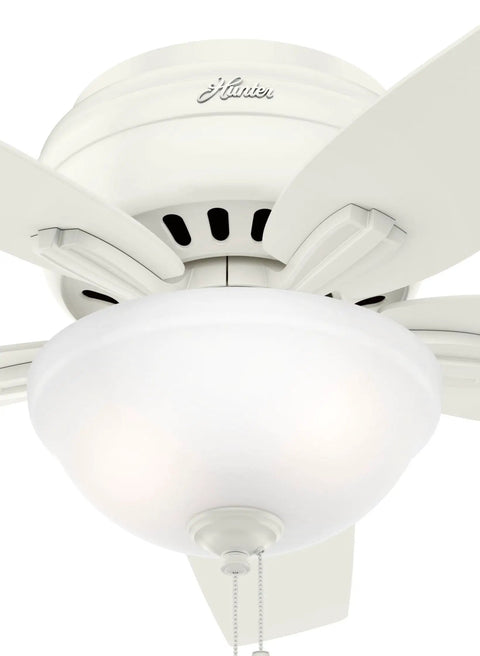 Close-up of 42 Inch Indoor Ceiling Fan With LED Light Fresh White Finish Low Profile Hugger Mount showing 5 blades and pull chain