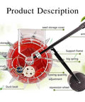 Hand Push Garden Roller Seeder with labeled parts, including seed storage, hair brush, and big spring, for precise seeding