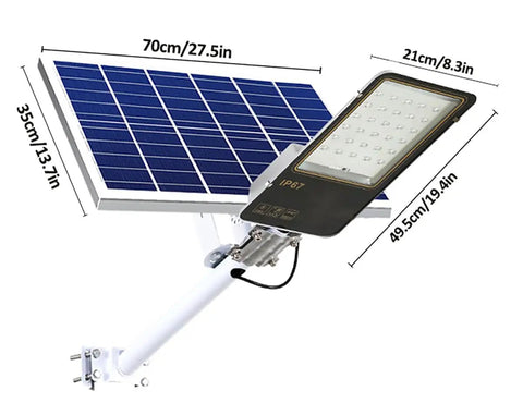 JUDYSSY 1000W Solar Street Lights Outdoor with Led Bright Lamp, showcasing solar panel and flood light dimensions.