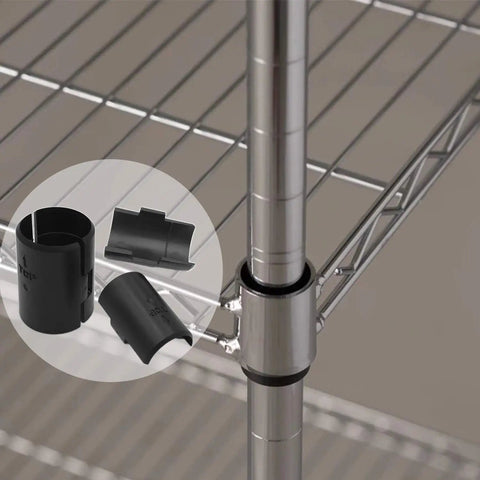 54 Pack Wire Shelf Lock Clips For 1 Inch Post Shelving Black ABS Plastic And Metal Replacement Clips For Metro Thunder Group Alera And More Heavy Duty And Secure visible on a metal shelf post and rack.