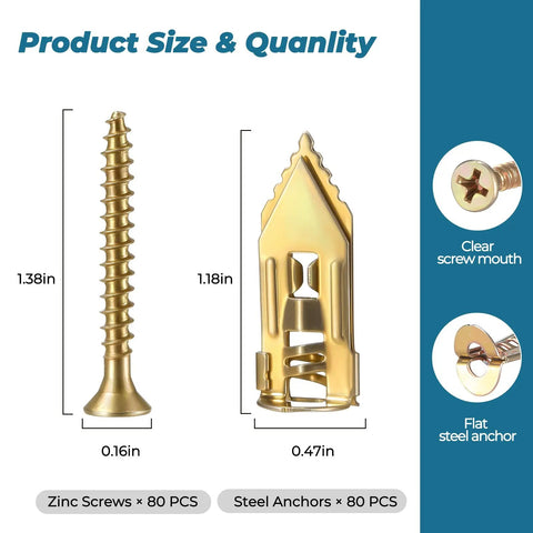 Effortless Self Drilling Drywall Anchors Kit With Screws 160Pcs Zinc Winged Anchors And Screws For Sheetrock Gypsum Board