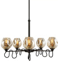 Six Light Industrial Chandelier Featuring Warm Amber Glass Shades And Heavy Duty Iron Frame Perfect For Upscale Cafes Bars with pendant design.