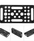 Premium Aluminum Alloy Pro Grade Camera Cheese Plate For DSLR with multiple screw holes, top view showing CNC machined design.