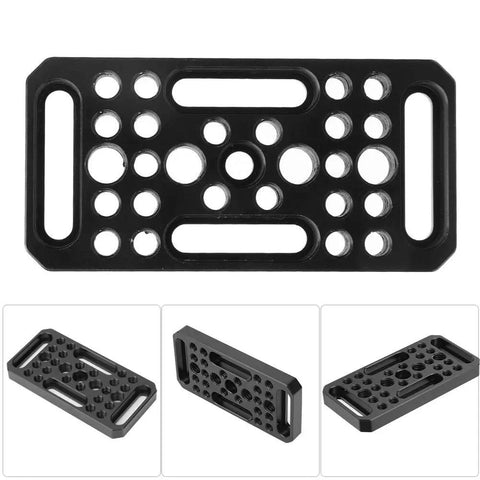 Premium Aluminum Alloy Pro Grade Camera Cheese Plate For DSLR with multiple screw holes, top view showing CNC machined design.