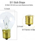 S11 bulb with E17 base, 25 Watt Replacement Bulbs For 14.5-Inch Lava Lamps 20-Ounce, showing dimensions and base design.