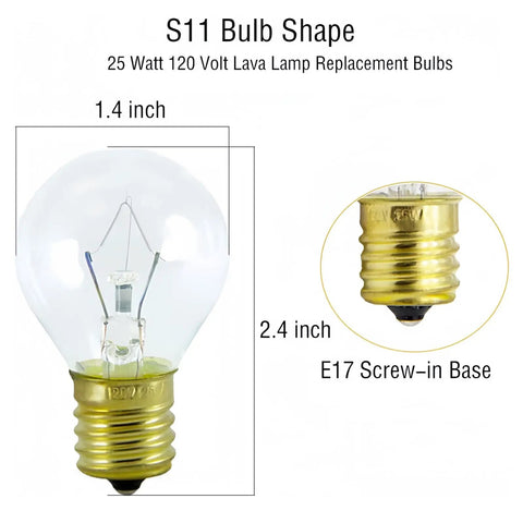 S11 bulb with E17 base, 25 Watt Replacement Bulbs For 14.5-Inch Lava Lamps 20-Ounce, showing dimensions and base design.