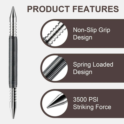 Dual Head Nail Setter With Spring Loaded One Thirty Second Inch And One Sixteenth Inch Sizes Hammerless Nail Punch Tool features