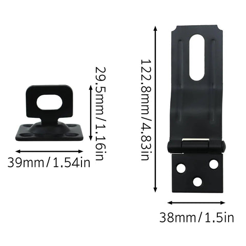Heavy Duty Zinc Steel Swivel Safety Latch 2 Pack With Mounting Brackets Screws And Turn Knob Universal Fit dimensions 122.8mm and 39mm.