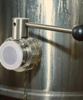 Side view of a 304 stainless steel sanitary butterfly valve with pull handle and three-clamp Clover, 1.5 in tube OD.