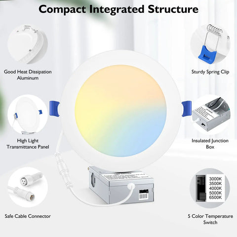 Six Inch LED Recessed Canless Downlights Kit, 12 Pack Ultra Thin with Junction Box, featuring components and 5 color temperatures