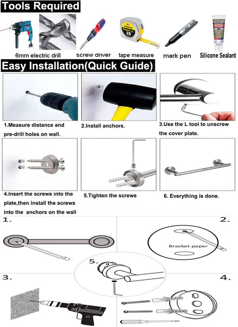 Installation guide for Extendable Adjustable Towel Bar with tools and step-by-step instructions for wall mounting in bathroom.
