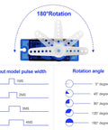 Diagram of Six Pack SG90 9G Micro Servo Motors For RC Planes Helicopters Boats And Cars MG90S Compatible showing 180° rotation and pulse widths