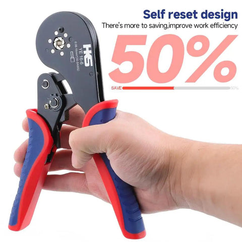 Pro Grade Ferrule Crimping Tool Kit For AWG 30 To 5 With 1200 Red Copper Terminals shown in hand to demonstrate size