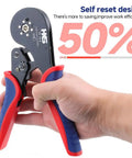 Hand holding Ferrule Crimping Tool For AWG 30 To 5 Wire Ends And Terminals, Self Adjusting Ratchet Crimper with red and blue handles.