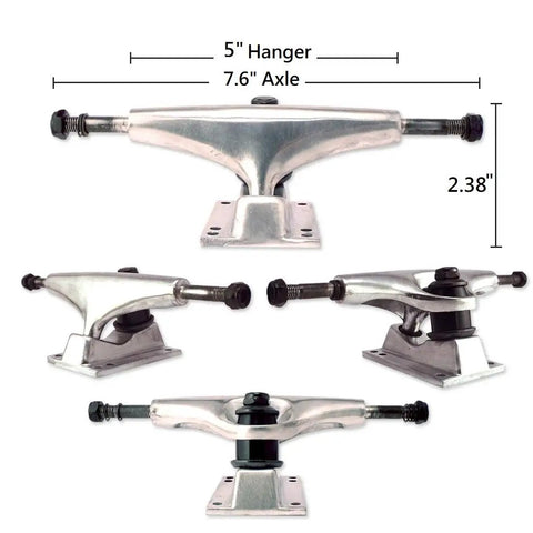 5.0 Skateboard Trucks Silver Kit With 52mm Wheels Abec 7 Bearings 1 Inch Hardware 2mm Riser Pads Spacers All In One Pro Grade Display