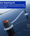 Windshield Repair Kit With Air Pump Tool And Repair Fluid, Quick Fix For Cracks, clear tool applied on windshield surface