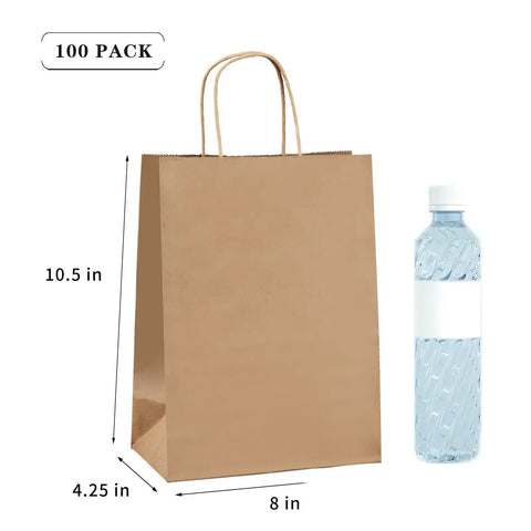 Brown Paper Bags With Handles 8x4.25x10.5 Inches Medium Gift Bags Bulk 100 Pack Recycled Kraft Paper Eco Friendly Shopping Bags