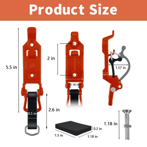Overlanding Shovel Rack Mount Kit dimensions including clamps, rubber pads, screws; heavy-duty rubber clamp grip tool holder