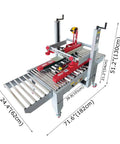 Heavy Duty Full Automatic Double Flap Case Sealer Machine For Fast Box Taping And Smooth Warehouse Packing Adjustable Size Fits Most Carton Sizes Uses Standard Adhesive Tape Reliable 110 Volt Plug And Play Design with dimensions displayed.