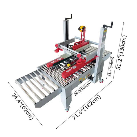 Heavy Duty Full Automatic Double Flap Case Sealer Machine For Fast Box Taping And Smooth Warehouse Packing Adjustable Size Fits Most Carton Sizes Uses Standard Adhesive Tape Reliable 110 Volt Plug And Play Design with dimensions displayed.