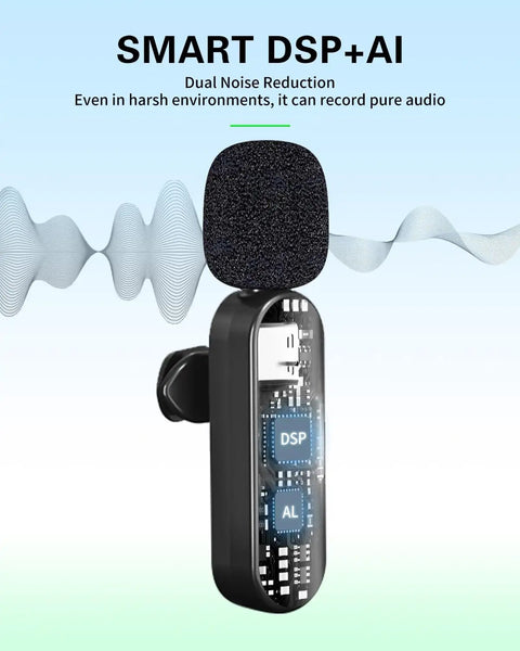 Close-up of smart lavalier microphone with noise reduction for Wireless Lavalier Microphone Kit For iPhone Android Camera And PC Quad Mic Setup.