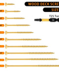 Various sizes of wood deck screws with T25 Torx bit, showcasing Exterior Deck Screws 8x1 Inch Bronze Coated for Outdoor Wood 420 Pieces Coarse Thread.
