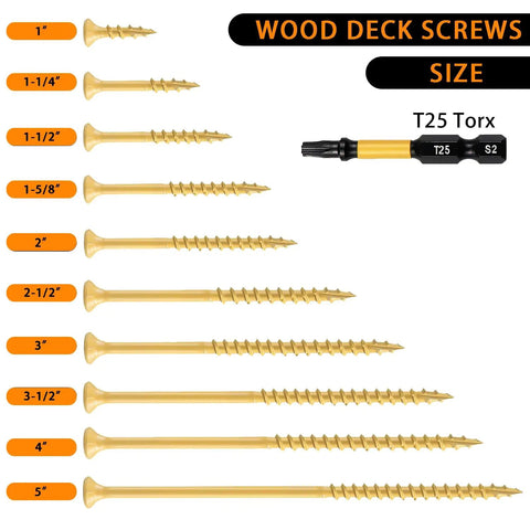 Various sizes of wood deck screws with T25 Torx bit, showcasing Exterior Deck Screws 8x1 Inch Bronze Coated for Outdoor Wood 420 Pieces Coarse Thread.