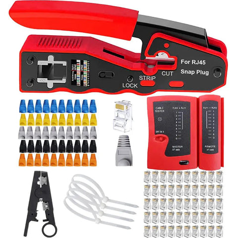 Straight Shooter Cat5 Cat6 Pass Through Crimping Tool And Wire Stripper Network Test Kit with connectors and cable tester.