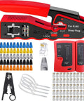 Straight Shooter Cat5 Cat6 Pass Through Crimping Tool And Wire Stripper Network Test Kit includes crimper, connectors, and cable tester.