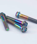 Premium GR5 Titanium Motorcycle Flange Screws With Rainbow Gradient Plating M8 X 1 Point 25 X 45 Millimeter set on white background.