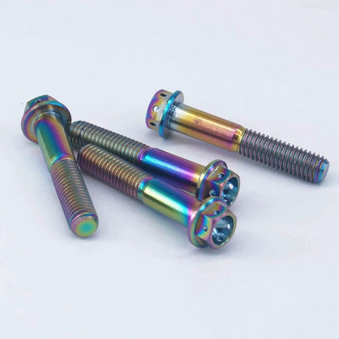 Premium GR5 Titanium Motorcycle Flange Screws With Rainbow Gradient Plating M8 X 1 Point 25 X 45 Millimeter set on white background.