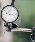 Rugged Pro Grade Dial Indicator Gauge With 0.01mm Accuracy, aluminum alloy construction, mounted on stand, shockproof design