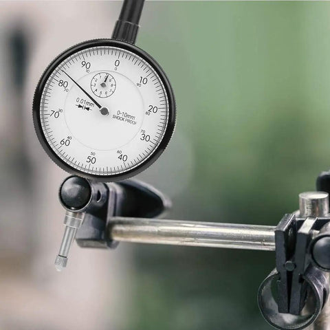 Rugged Pro Grade Dial Indicator Gauge With 0.01mm Accuracy, aluminum alloy construction, mounted on stand, shockproof design