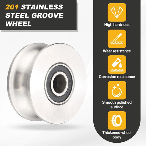 Solid As Rock U Groove Pulley Wheel 10 X 68 X 9.5 Millimeters Made From Rugged 201 Stainless Steel showing polished surface and bearing.