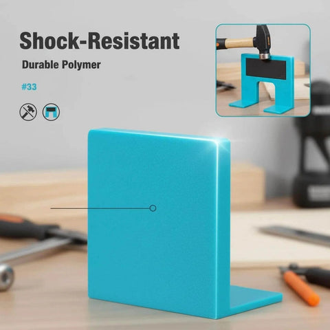Shock-resistant door jamb hinge jig with durable polymer, showcased on a workbench. Hammer demonstration in inset.