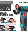 Compact 12V Cordless Angle Grinder, Wireless Power Tool For Diamond And Tile Cutting, fitting saw blade installation steps.