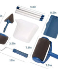 No Sweat Seamless Paint Roller Brush With Slick Flocked Wall Edger Trouble Free Interior Painting Set showing tools and measurements.