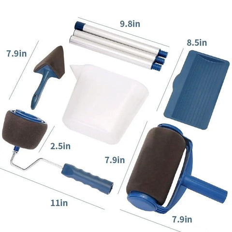 No Sweat Seamless Paint Roller Brush With Slick Flocked Wall Edger Trouble Free Interior Painting Set showing tools and measurements.