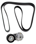 Premium Heavy Duty Serpentine Drive Belt And Tensioner Assembly Replacement Kit For DIY Auto Repairs Fixing Engine Noises While Saving Cash On Labor Costs Keeping Your Vehicle Reliable Without Breaking The Bank And Boost Engine Power For Future Days black belt and metal tensioner